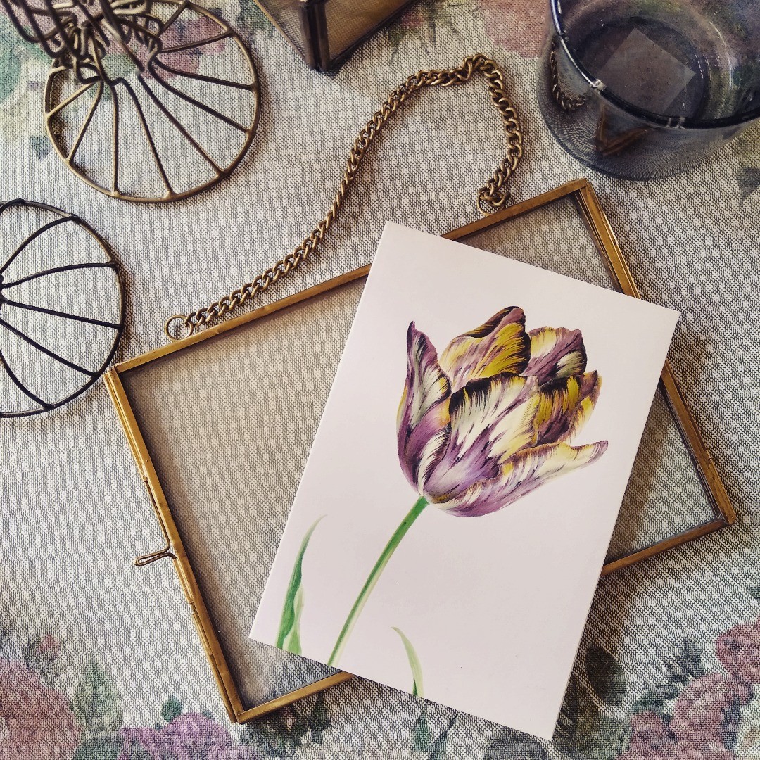 zdjęcie przedstawiające vintage akcesoria do wnętrz takie jak świeczniki , ramkę i kartkę botaniczną z grafiką tulipana